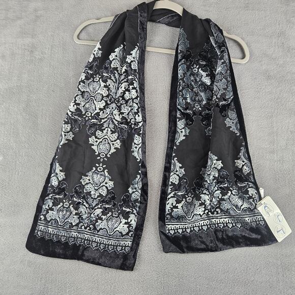 Charlotte Accessories - Charlotte Black Burnout Velvet Scarf Floral Baroque Embossed Beaded Accents